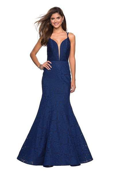 La Femme - 27560 Plunging Sweetheart Strappy Mermaid Dress Special Occasion Dress 00 / Navy