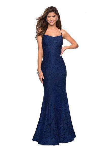 La Femme - 27565 Allover Lace Sleeveless Strappy Back Mermaid Gown Special Occasion Dress 00 / Navy