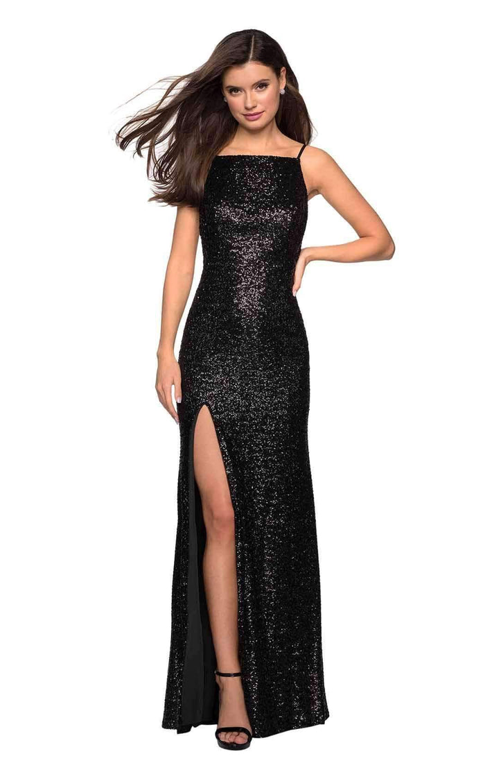La Femme - 27585 Sequined Backless High Slit Long Gown Special Occasion Dress 00 / Black