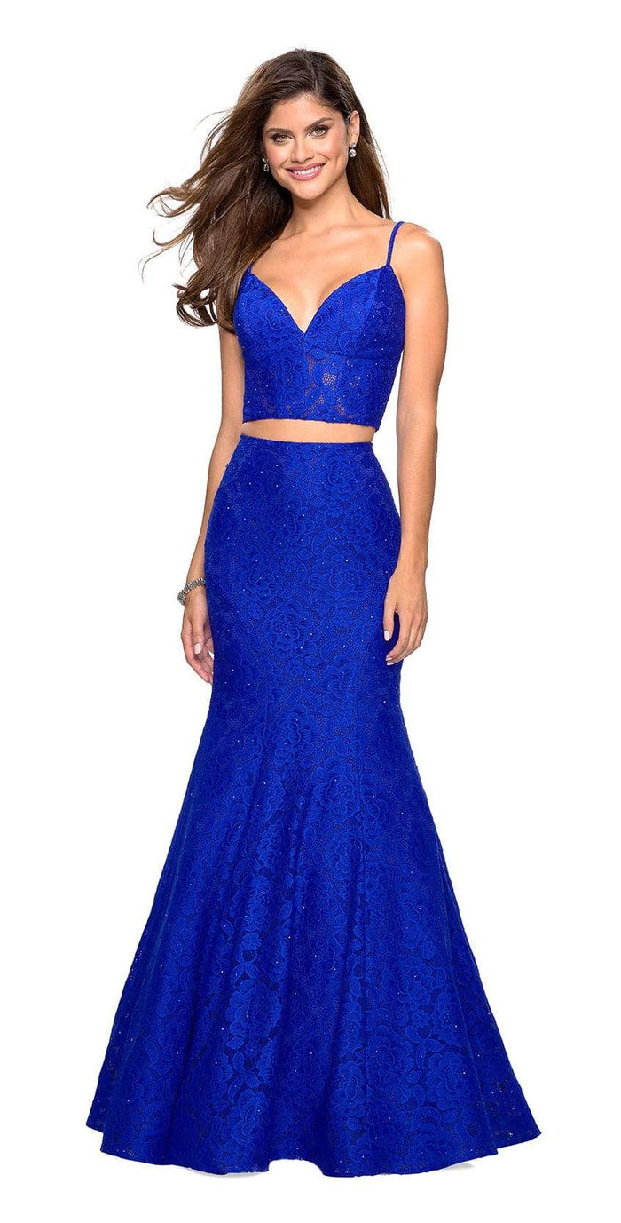 La Femme - 27589 Two Piece Lace Stretch Jersey Mermaid Dress Evening Dresses 00 / Electric Blue