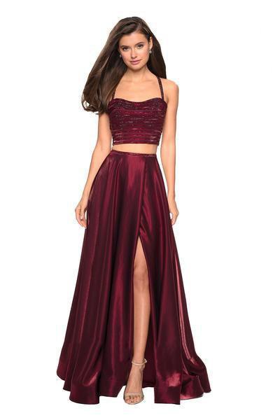 La Femme - 27607 Two Piece Rhinestone Accented Satin A-line Dress Special Occasion Dress 00 / Wine