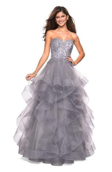 La Femme - 27620 Appliqued Sweetheart Bodice Tiered Tulle Gown Special Occasion Dress 00 / Silver