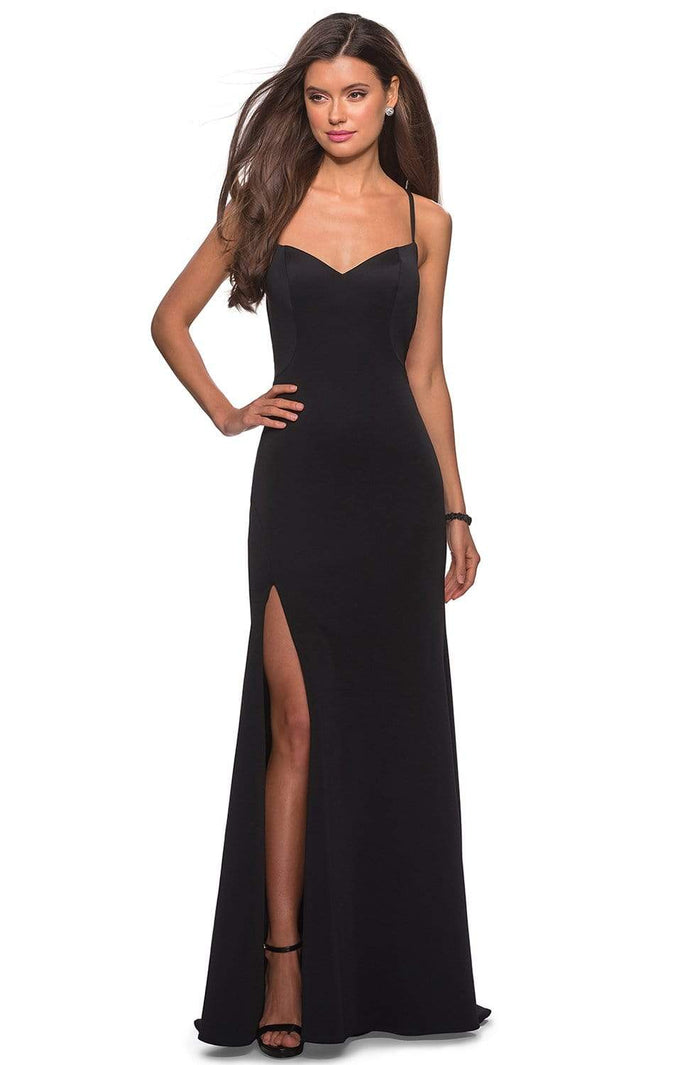La Femme - 27657 Plunging Crisscross-Strapped High Slit Gown Prom Dresses 00 / Black