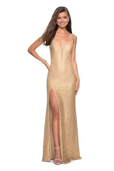 La Femme - 27725 Lace Embellished Deep V-neck Trumpet Dress Special Occasion Dress 00 / Gold