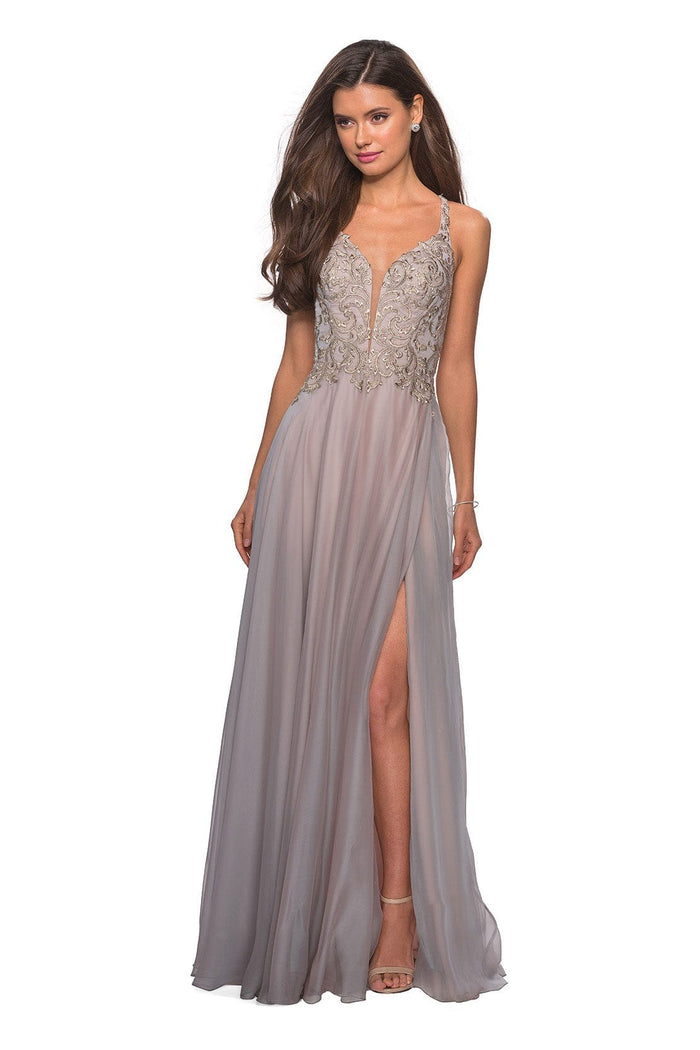 La Femme - 27729 Plunging Gold Lace Appliqued High Slit Gown Special Occasion Dress 0 / Grey/Pink