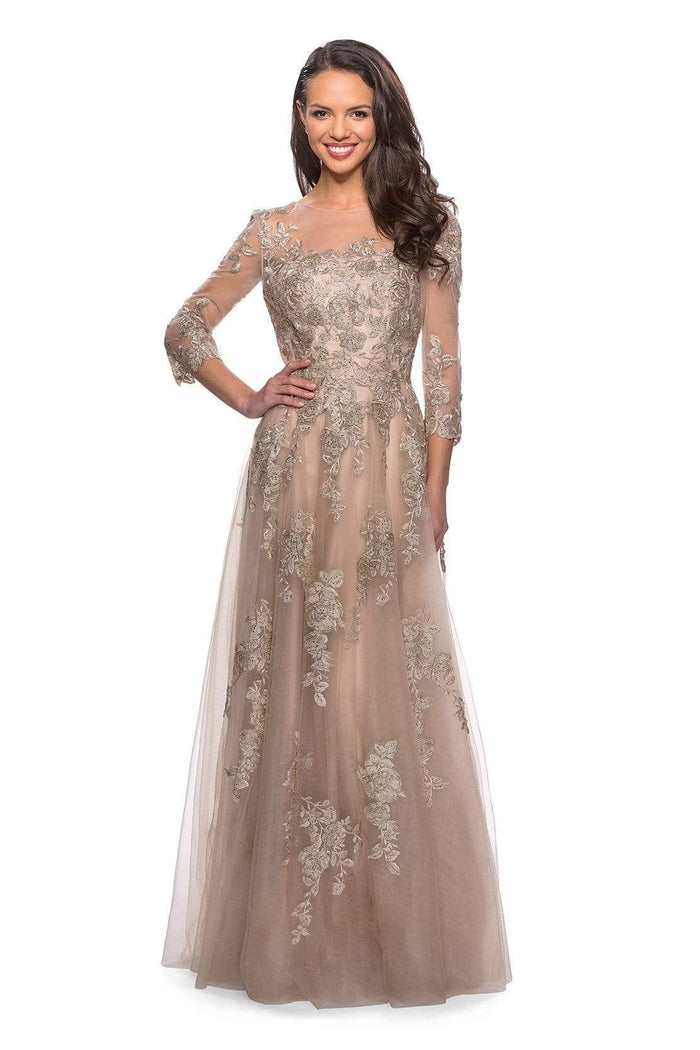 La Femme - 27733 Quarter Sleeve Floral Embroidered Lace A-Line Gown Mother of the Bride Dresses 2 / Nude
