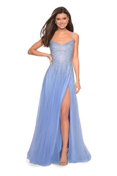 La Femme - 27750 Rhinestone Embellished Tulle A-line Dress Special Occasion Dress 00 / Cloud Blue