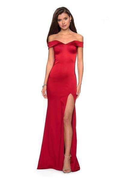 La Femme - 27752 Off Shoulder High Slit Long Fitted Satin Dress Special Occasion Dress 00 / Red