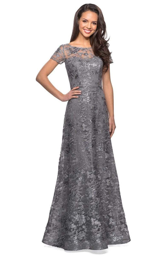 La Femme - 27839 Floral Adorned Illusion Bateau Long Gown