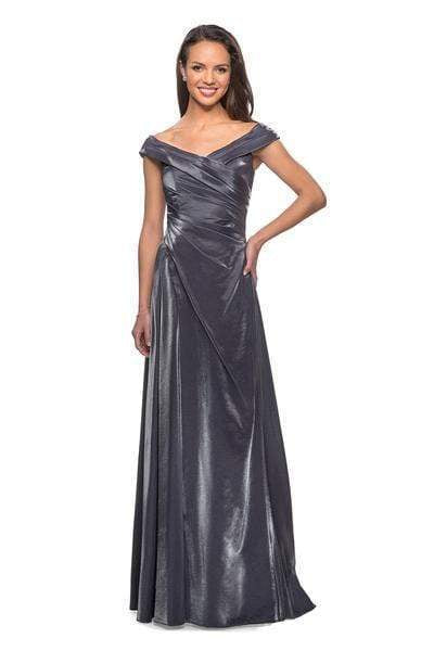 La Femme - 27846 Ruched Off-Shoulder A-line Dress Special Occasion Dress 2 / Gunmetal