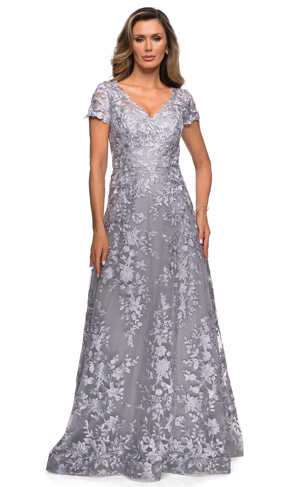 La Femme - 27870 Short Sleeve Lace Overlaid A-Line Dress – Couture Candy