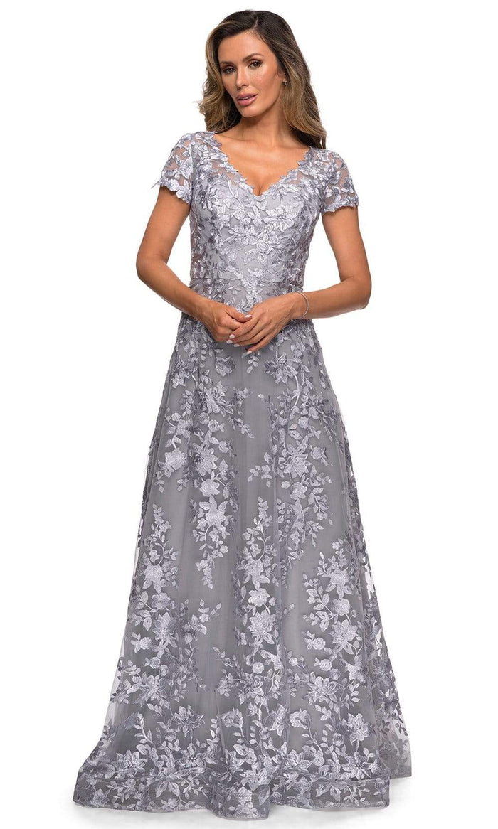 La Femme - 27870 Short Sleeve Lace Overlaid A-Line Dress Mother of the Bride Dresses 4 / Platinum