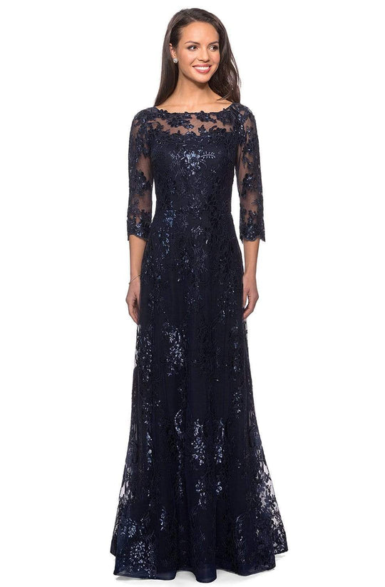 La Femme - 27885 Lace Quarter Length Sleeve Bateau A-line Dress