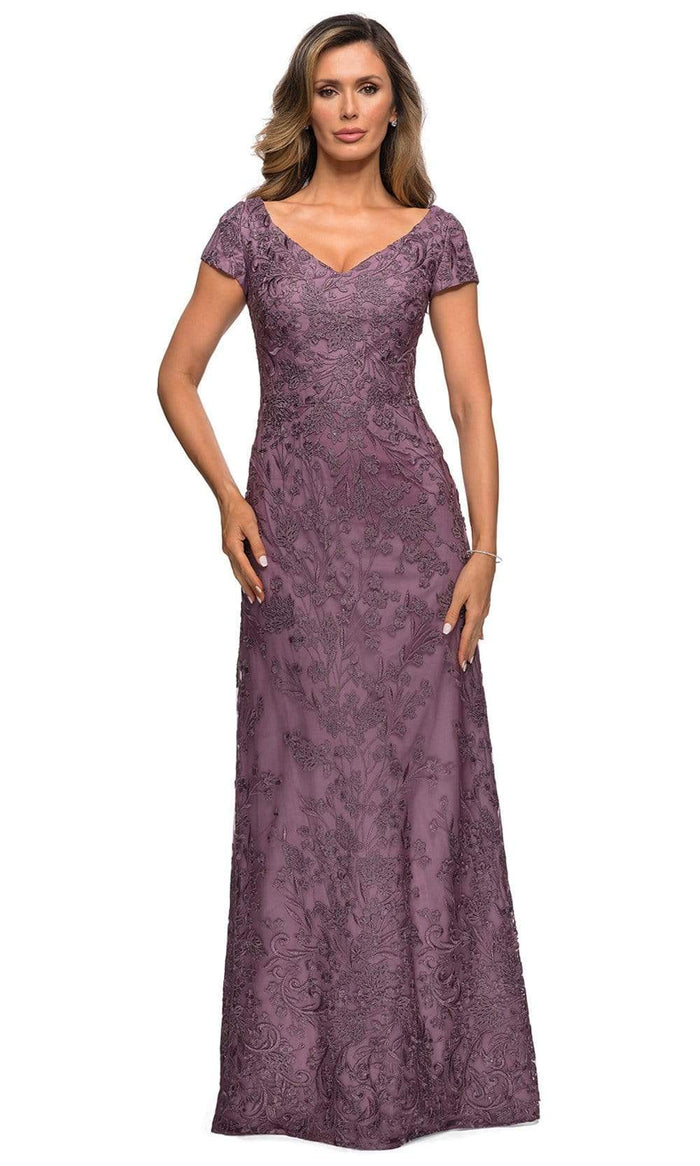 La Femme - 27915 Short Sleeve Floral Embroidered Dress Mother of the Bride Dresses 4 / Dusty Lilac