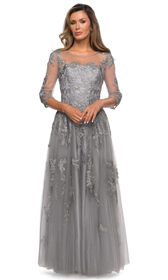 La Femme - 27944 Illusion Scoop Lace Appliqued Dress Mother of the Bride Dresses 4 / Silver