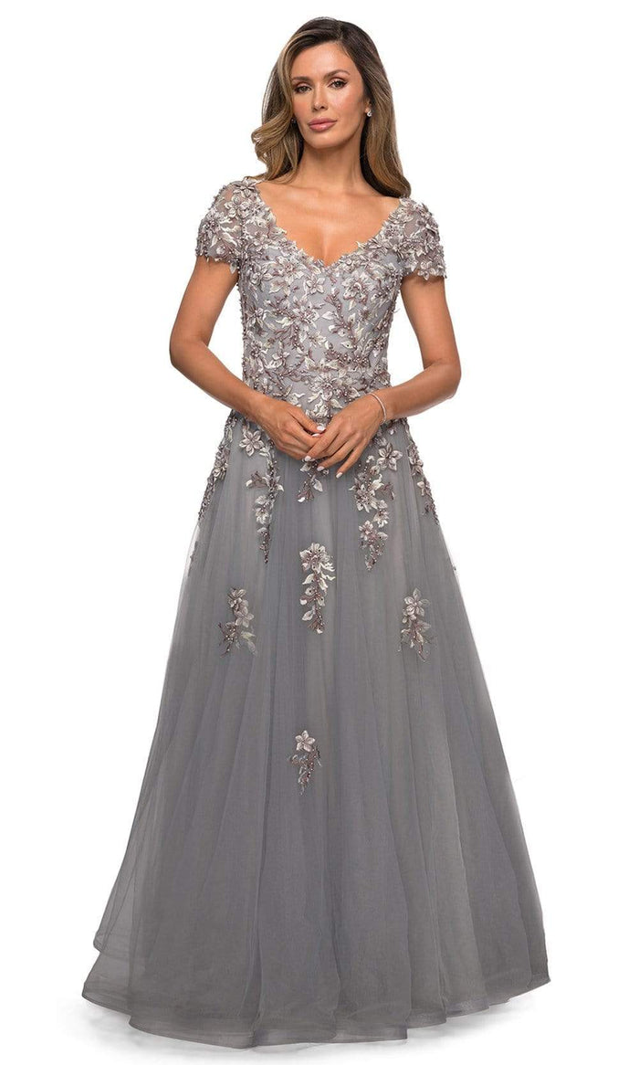 La Femme - 27968 V Neck Lace Appliques Evening Gown Mother of the Bride Dresses 4 / Gray