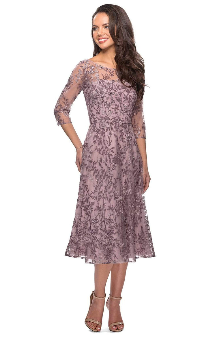 La Femme - 27971 Floral Embroidered Illusion Bateau Dress Mother of the Bride Dresses 2 / Dusty Lilac