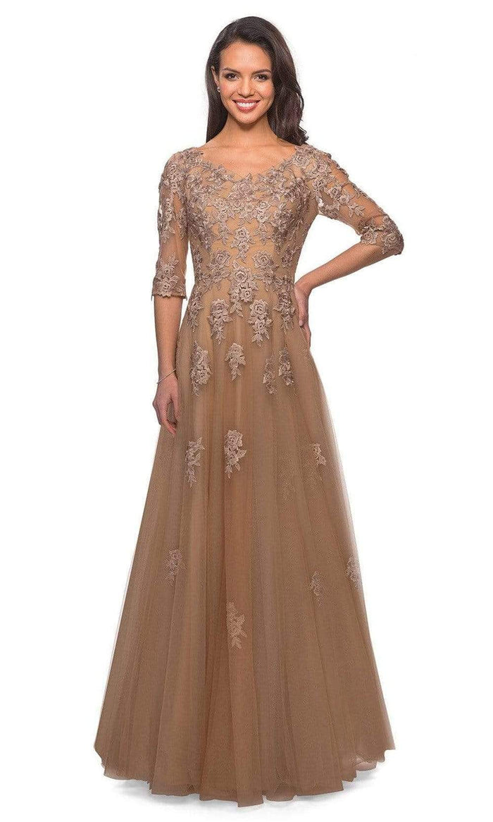 La Femme - 27977 Embroidered Tulle A-line Floral Gown Mother of the Bride Dresses 4 / Latte