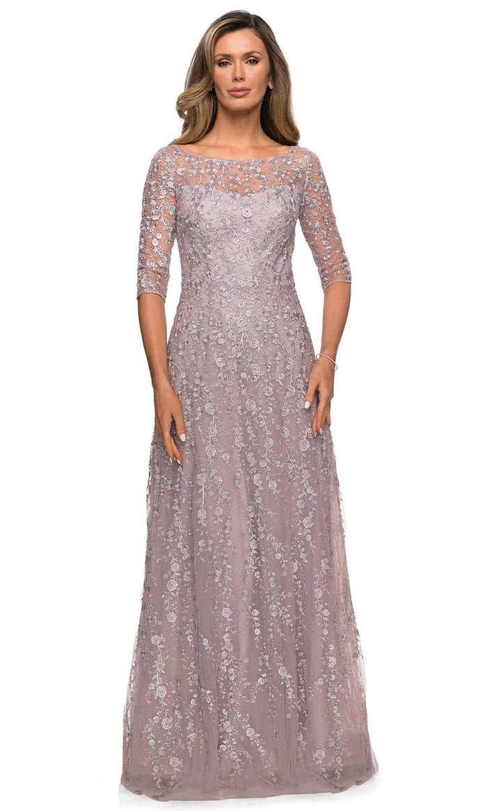 La Femme - 27981 Floral Lace Quarter Sleeve A-Line Dress Mother of the Bride Dresses 2 / Orchid Pink