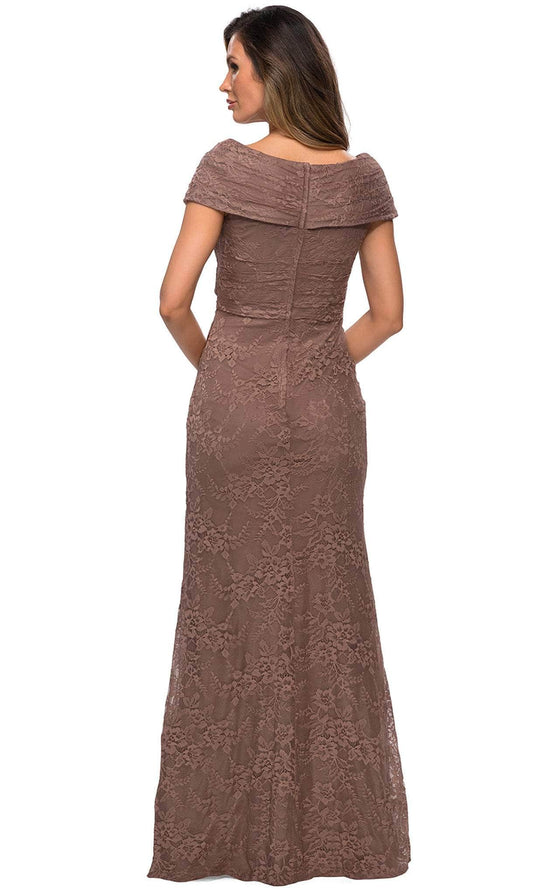 La Femme - 27982 V Neck Off Shoulder Knit Lace Sheath Long Dress