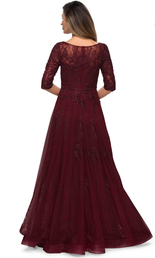 La Femme - 28036 Quarter Length Sleeve Floral Lace A-Line Gown