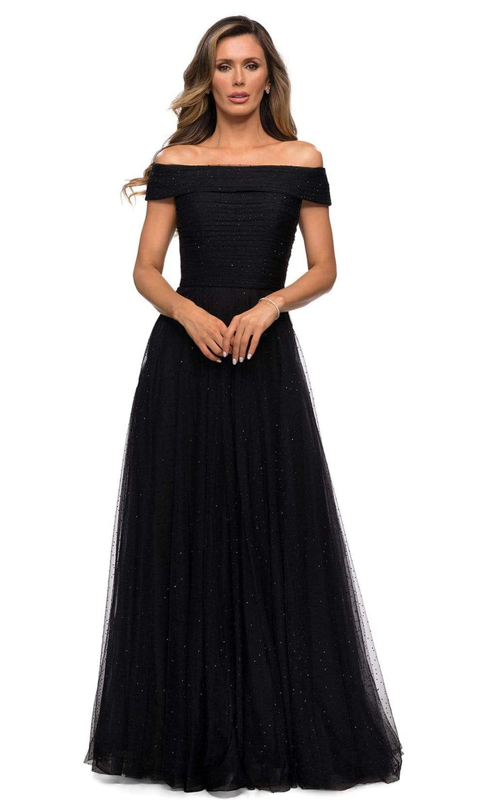 La Femme - 28051 Crystal Beaded Tulle Off Shoulder A-Line Gown Mother of the Bride Dresses 2 / Black