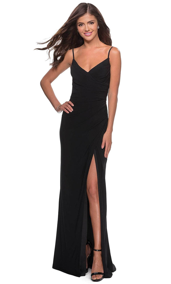 La Femme - 28079 Long Surplice High Slit Jersey Gown Evening Dresses 00 / Black