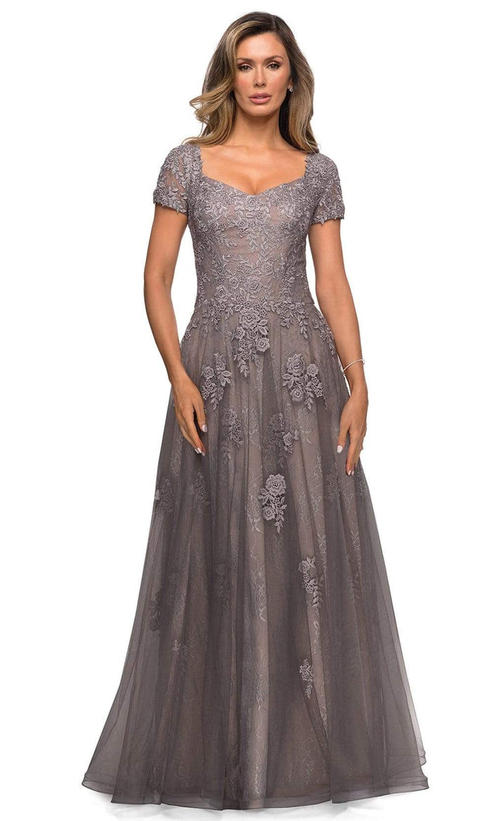 La Femme - 28091 Floral Appliqued A-Line Evening Dress Mother of the Bride Dresses 2 / Platinum