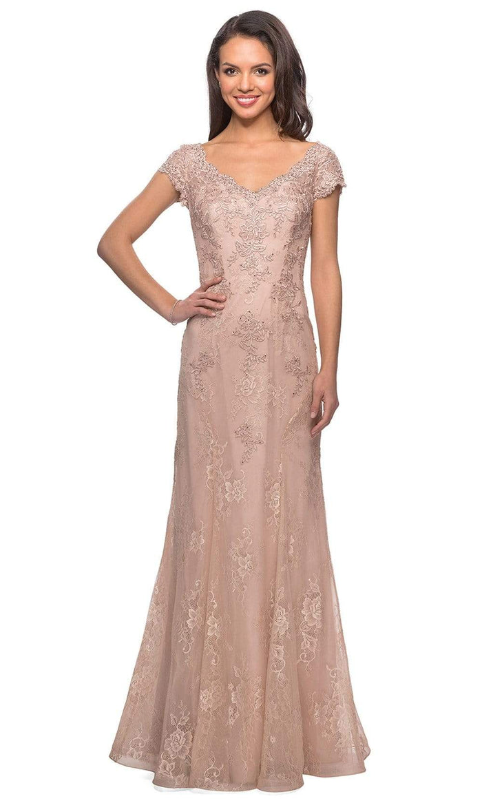 La Femme - 28099 V Neck Floral Lace Trumpet Evening Dress Mother of the Bride Dresses 2 / Ballet Pink