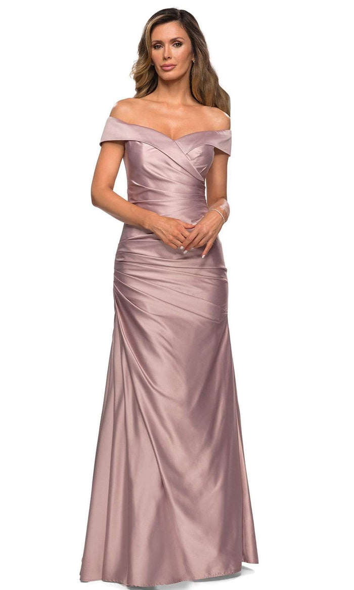 La Femme - 28103 Off Shoulder Pleated Satin Evening Gown Mother of the Bride Dresses 2 / Champagne