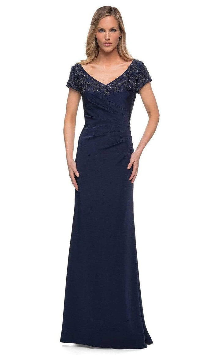 La Femme - 28321 V-Neck Fitted Evening Dress Special Occasion Dress 2 / Navy