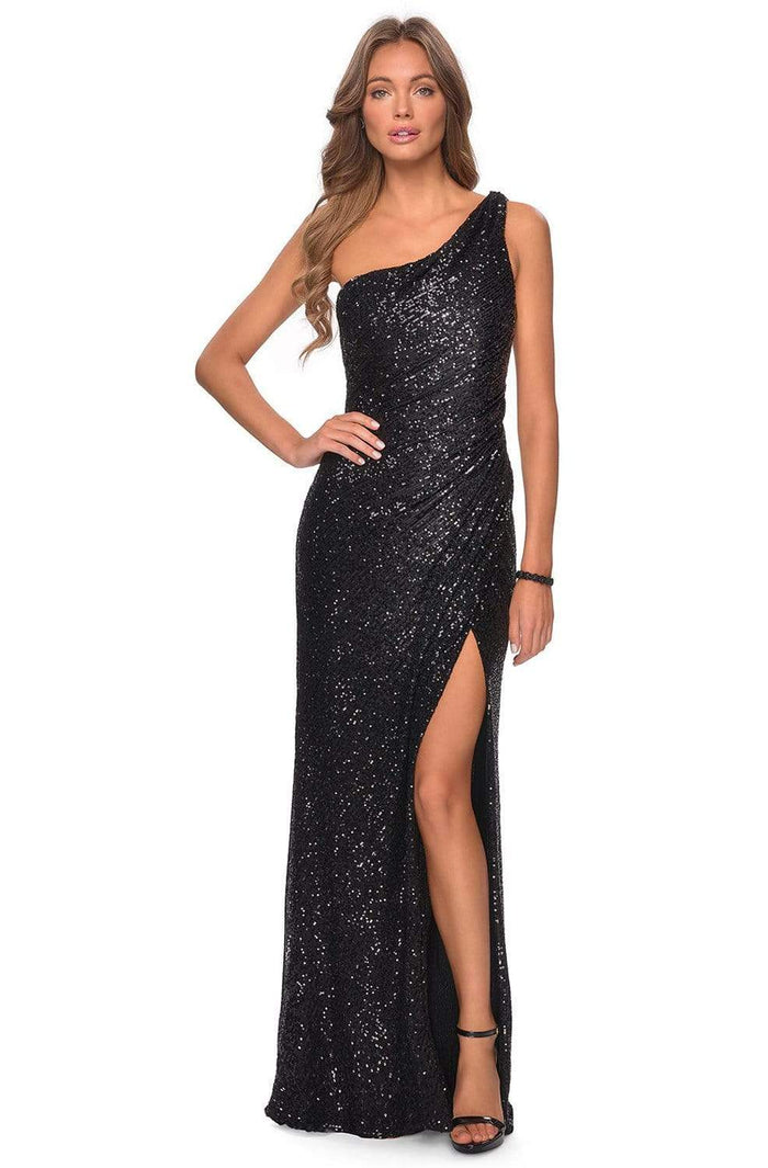 La Femme - 28401 Asymmetrical Textured Sequined Dress with Slit Prom Dresses 00 / Black