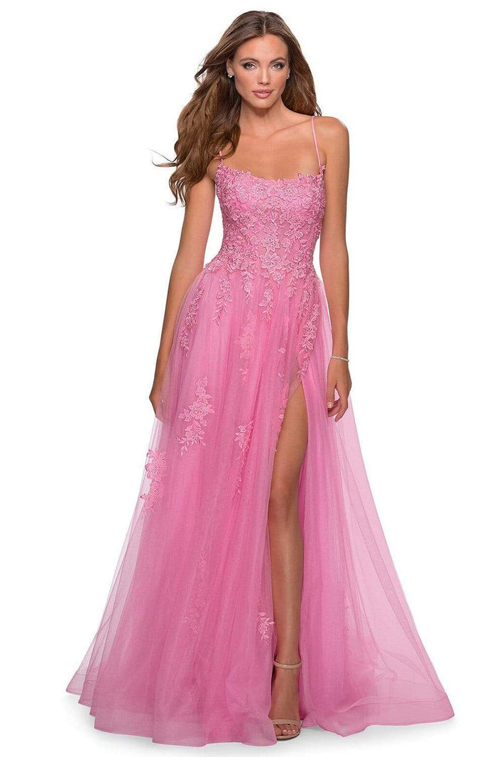 La Femme - 28470 Floral Appliqued A-Line Tulle Gown Prom Dresses 00 / Millennial Pink