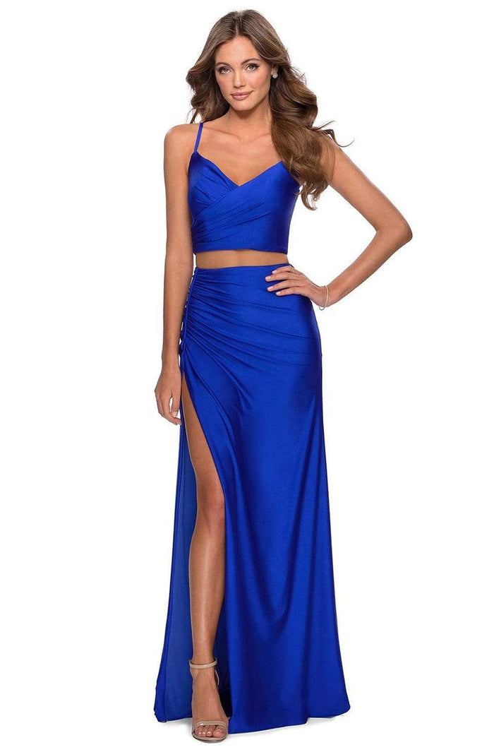 La Femme - 28472 Two-Piece Surplice V-Neck High Slit Dress Prom Dresses 00 / Royal Blue