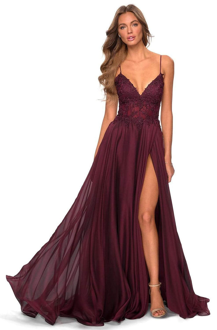 La Femme - 28543 Embellished V-neck A-line Dress Evening Dresses 00 / Garnet