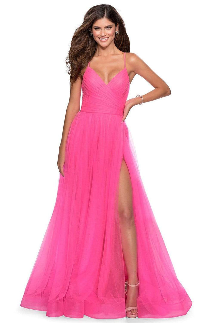 La Femme - 28561 Ruched Tulle A-Line Dress with Slit Evening Dresses 00 / Neon Pink