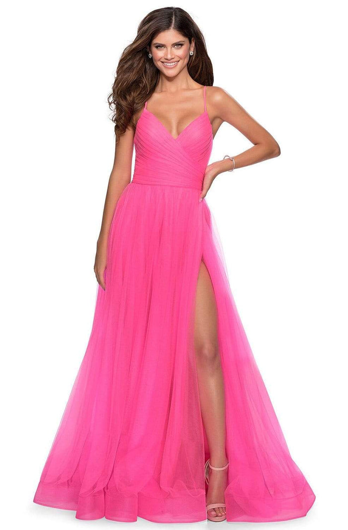 La Femme - 28561 Ruched Tulle A-Line Dress with Slit Couture Candy La Femme - 28561 Ruched Tulle A-Line Dress with Slit Couture Candy