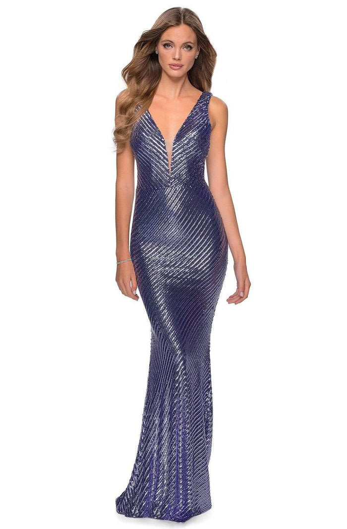 La Femme - 28570 Sequined Deep V-neck Sheath Dress Evening Dresses 00 / Lavender