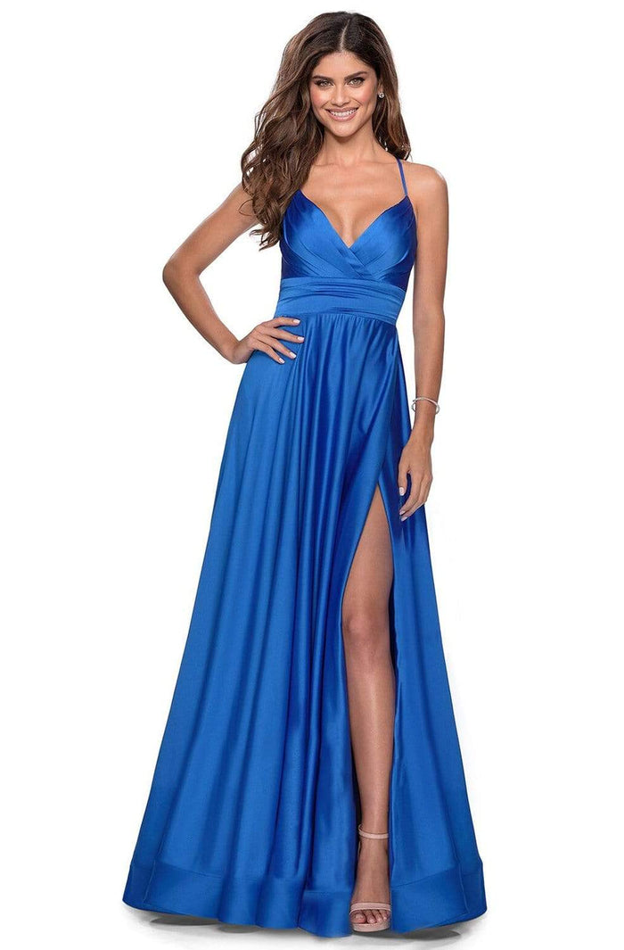 La Femme - 28571 Satin Deep V-neck A-line Gown Bridesmaid Dresses 00 / Royal Blue
