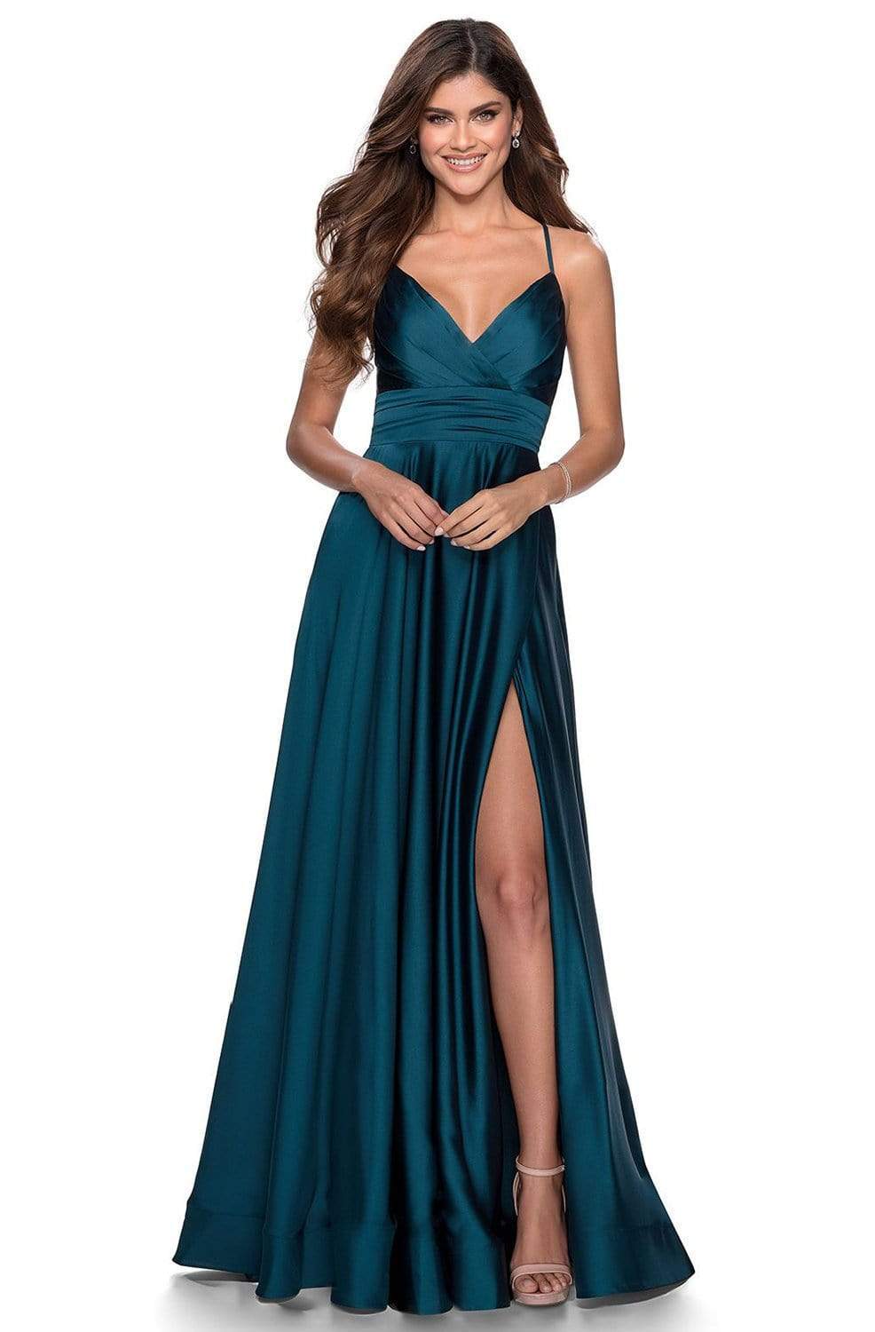 La Femme - 28571 Satin Deep V-neck A-line Gown – Couture Candy