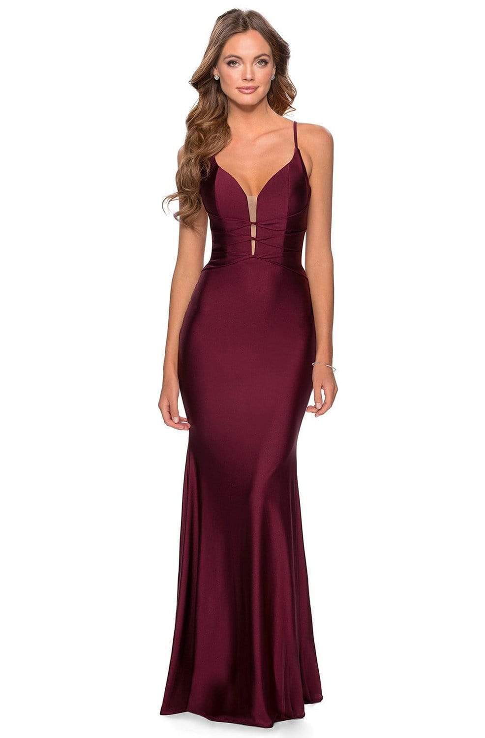 Dark Berry La Femme - 28574 Crisscross Strapped Bodice Jersey Gown | Long Sheath Dress - Prom Dress Dark Berry La Femme - 28574 Crisscross Strapped Bodice Jersey Gown | Long Sheath Dress - Prom Dress