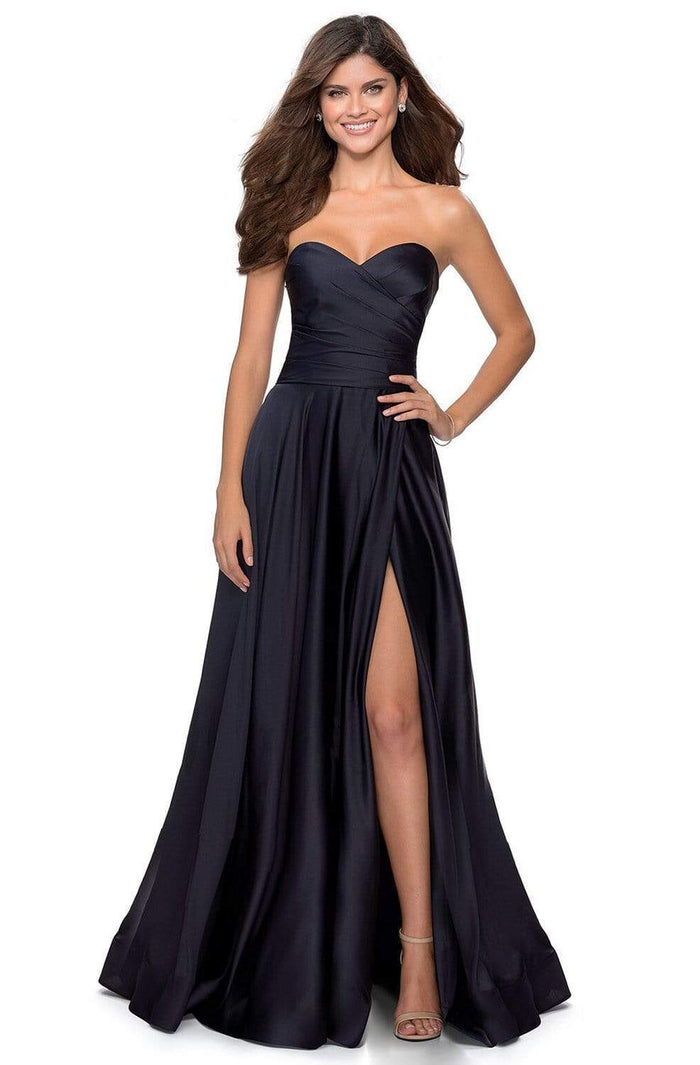 La Femme - 28608 Strapless Sweetheart Wrap Bodice Satin A-line Gown Bridesmaid Dresses 00 / Navy