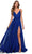 La Femme - 28611 Pleated V-Neck Chiffon High Slit Dress Bridesmaid Dresses 00 / Marine Blue