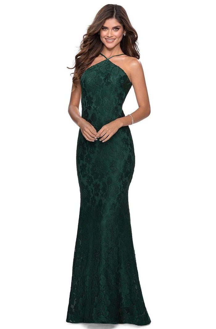 La Femme - 28619 Lace Applique Halter Sheath Dress Prom Dresses 00 / Emerald