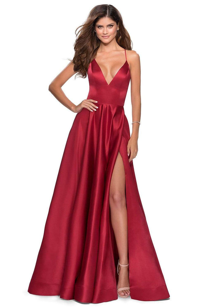 La Femme - 28628 Deep V-neck Satin A-line Gown Prom Dresses 00 / Deep Red