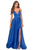 La Femme - 28628 Deep V-neck Satin A-line Gown Prom Dresses 00 / Royal Blue