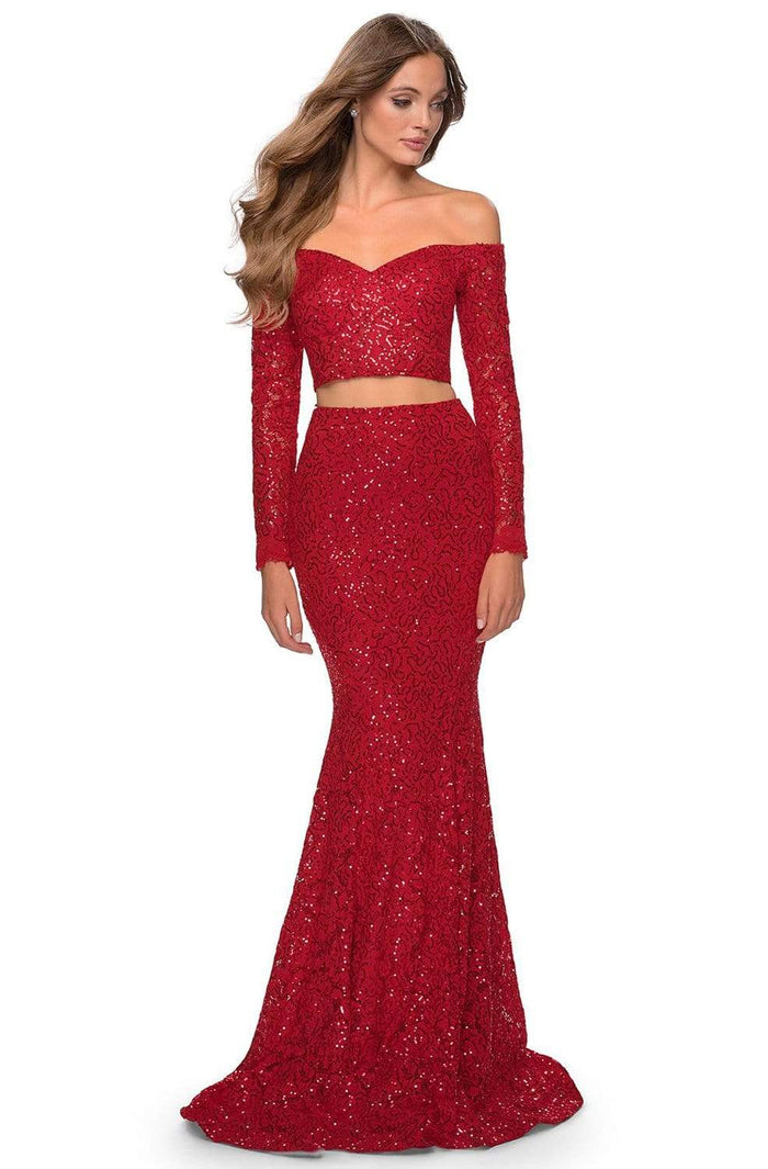 La Femme - 28666 Long Sleeve Corset Bodice Lace Mermaid Dress Evening Dresses 00 / Red