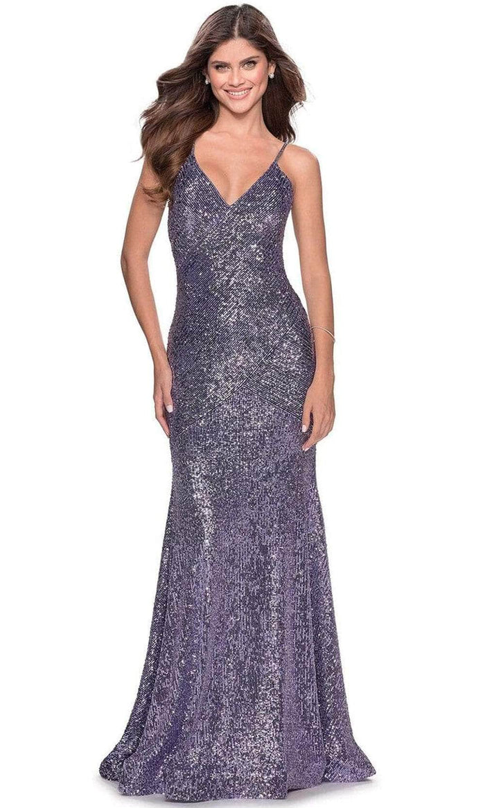 La Femme - 28713 Deep V-Neckline Sequin Sheath Dress Evening Dresses 00 / Lavender