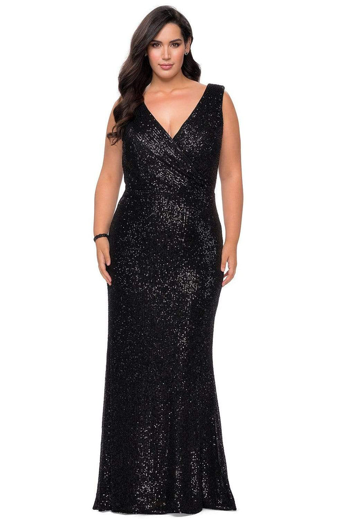 La Femme - 28770 Sleeveless V Neck Allover Sequin Evening Gown Evening Dresses 12W / Black