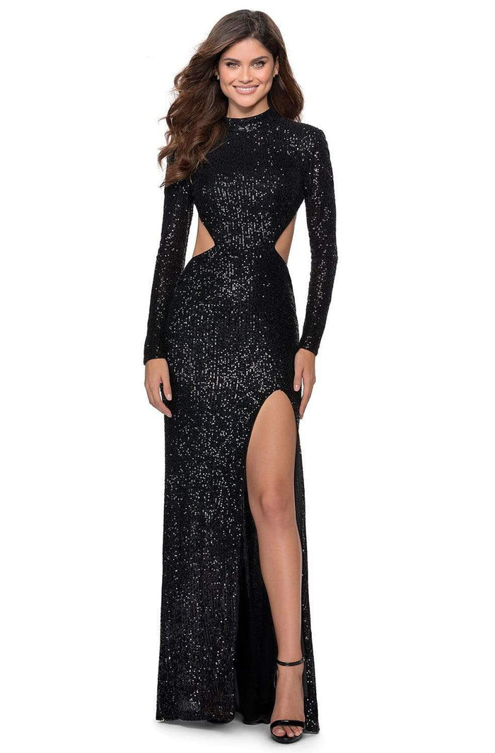 La Femme - 28771 Sequined Long Sleeve High Neck Fitted Dress Prom Dresses 00 / Black